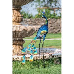 Outdoor Decor Peacock Yard Art Garden Sculptures & Statues,Blue Large Metal Bird